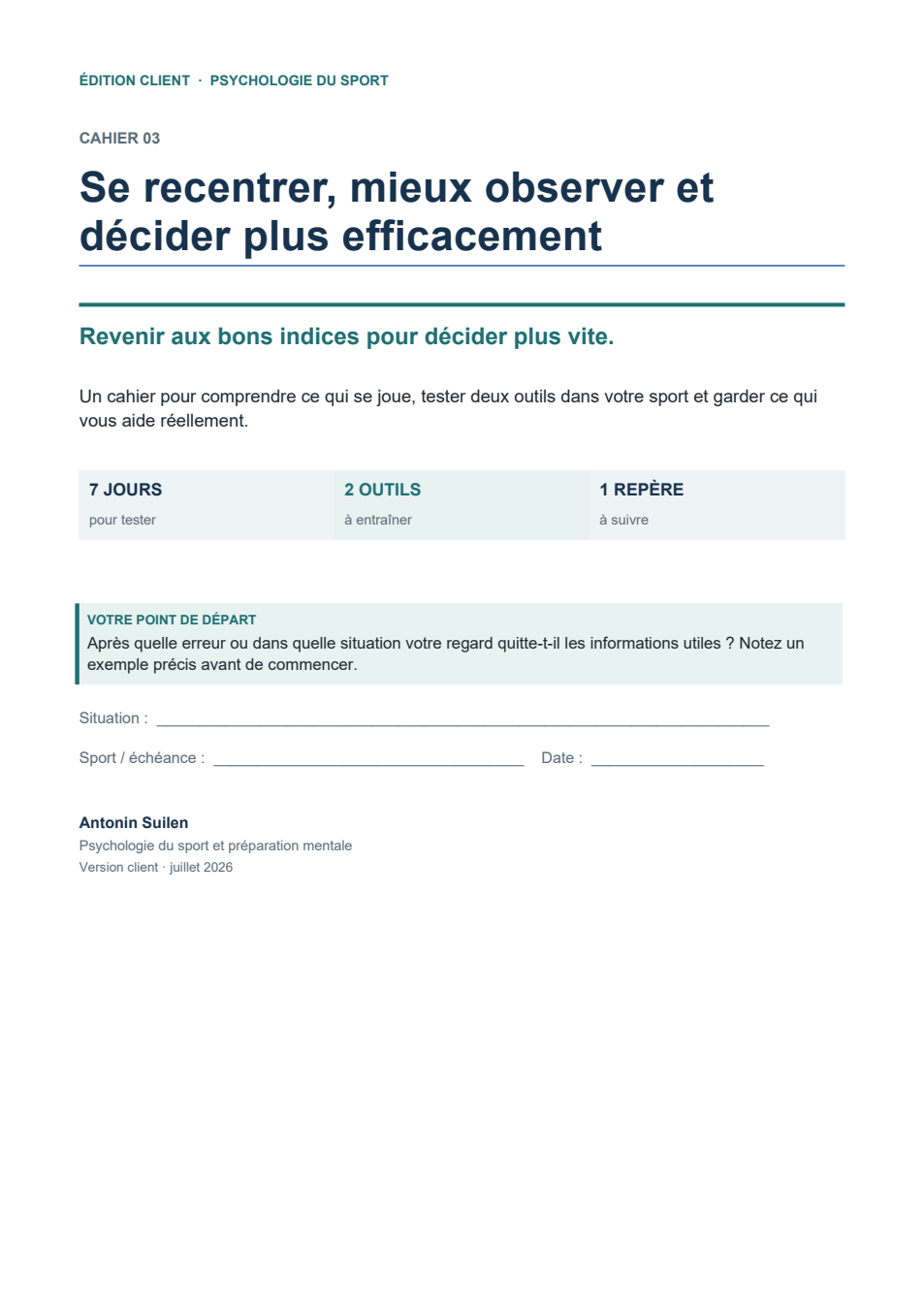 Aperçu flouté du cahier athlète sur la concentration et la décision